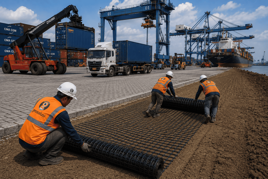 Geogrid untuk Container Yard - Geogrid Perkuatan Lantai Pelabuhan